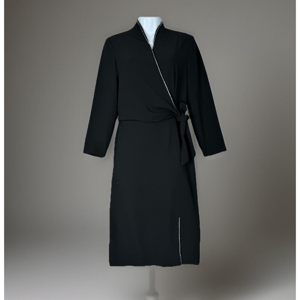 Vintage Jones New York Womens Dress 6 Black Faux Wrap Rhinestone Trim Cocktail